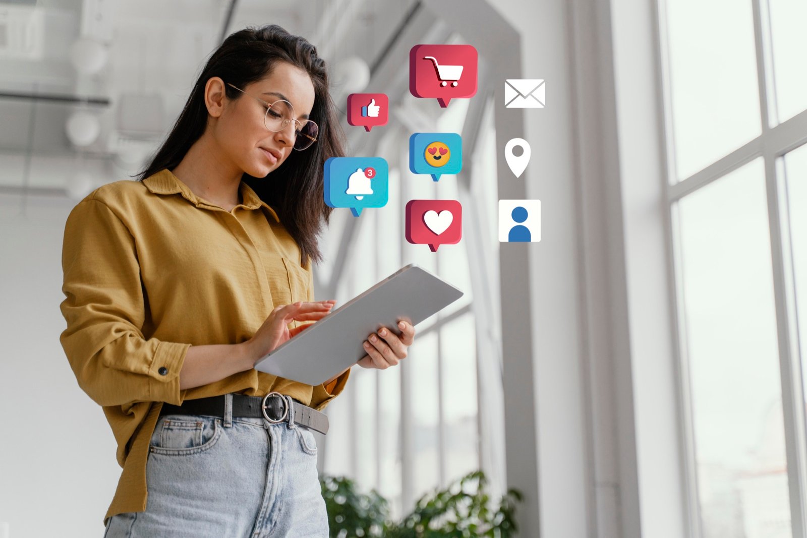 Woman holding a tablet with floating social media notification icons